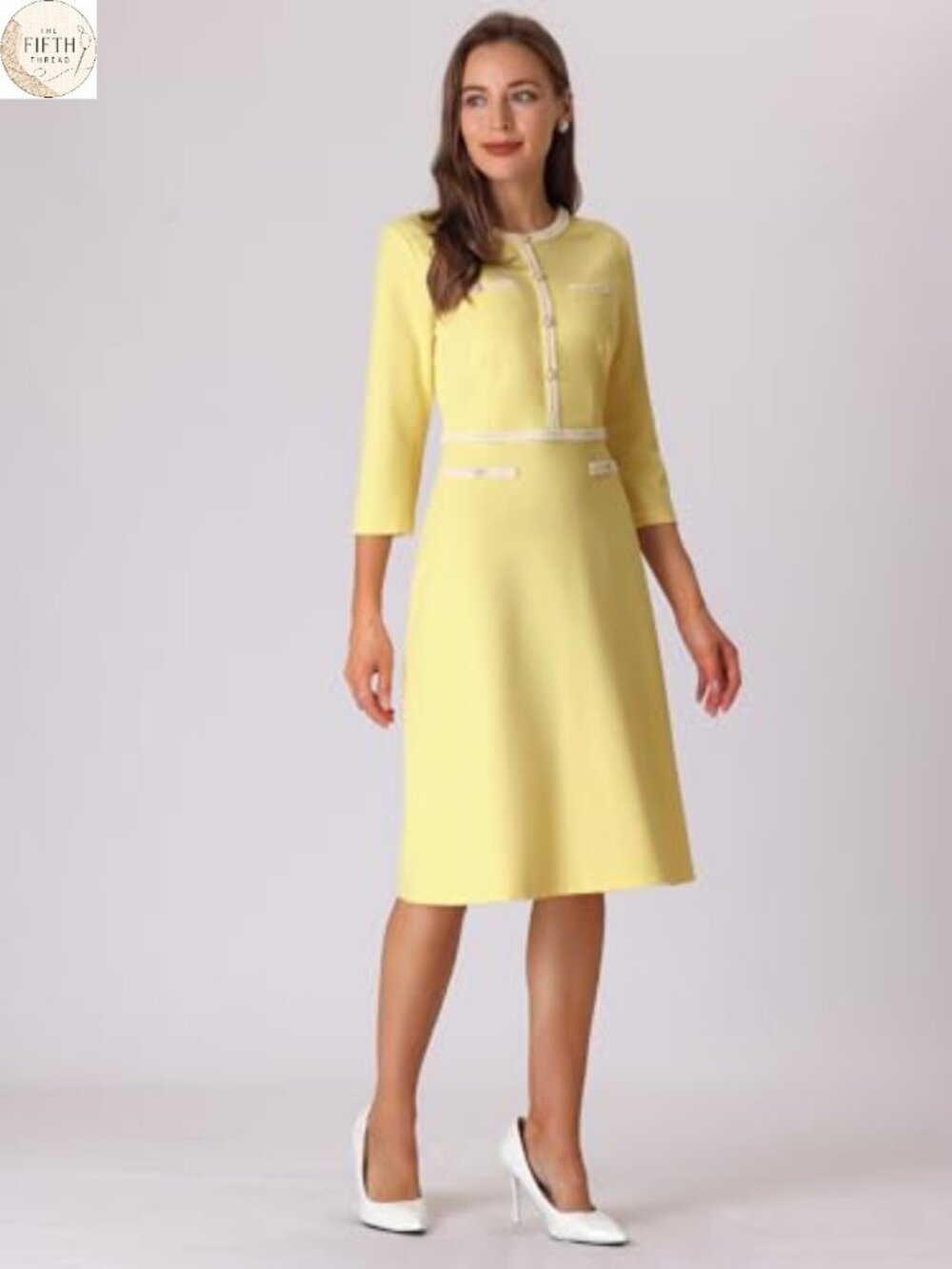 Hobemty Women's Tweed Trim 3/4 Sleeve A-Line Midi Work Dress - Picture 2 of 4